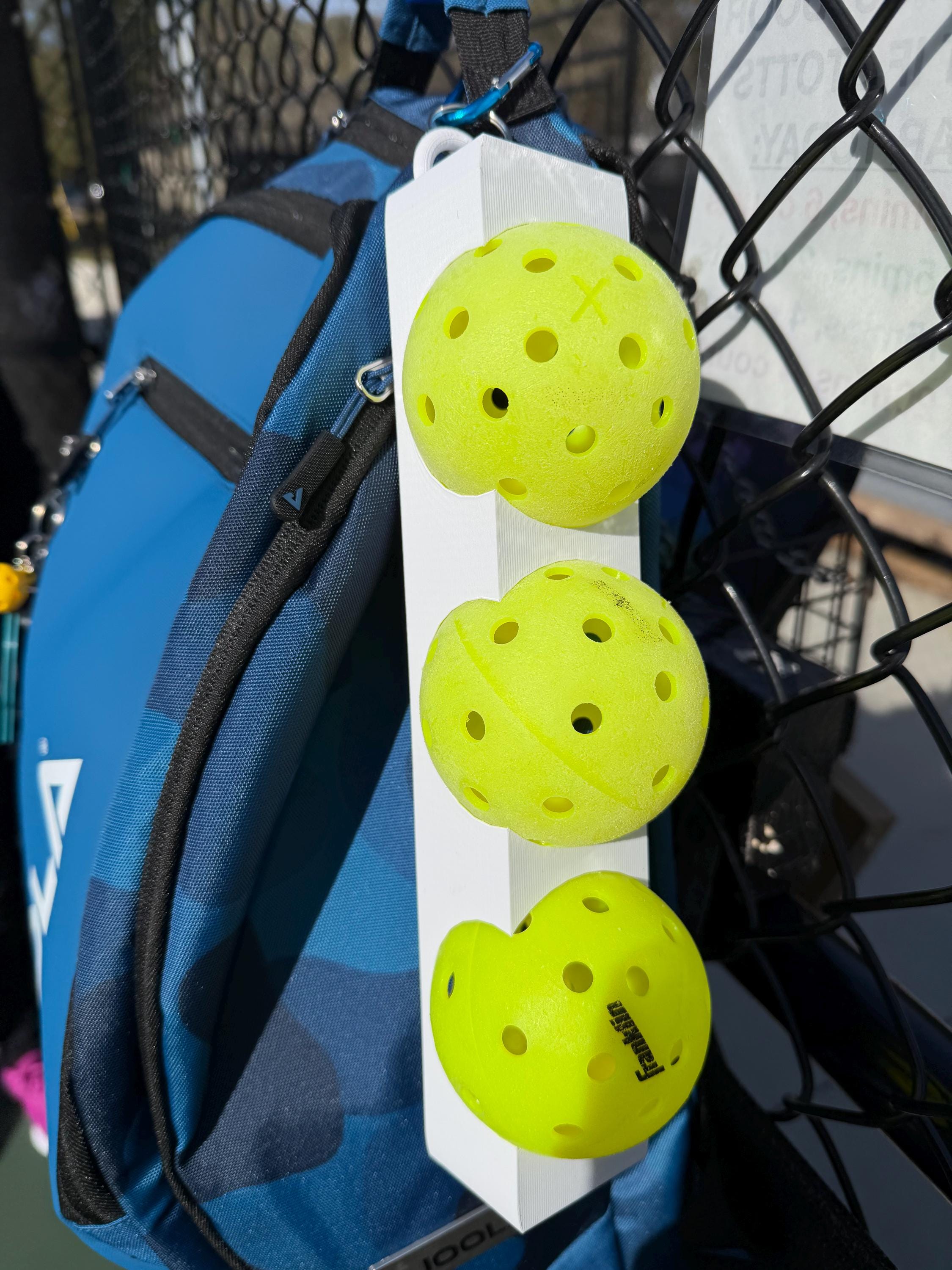 Pickleball 3 Ball Holder with Carabiner to attach to your backpack, fence, or hip - durable and secure