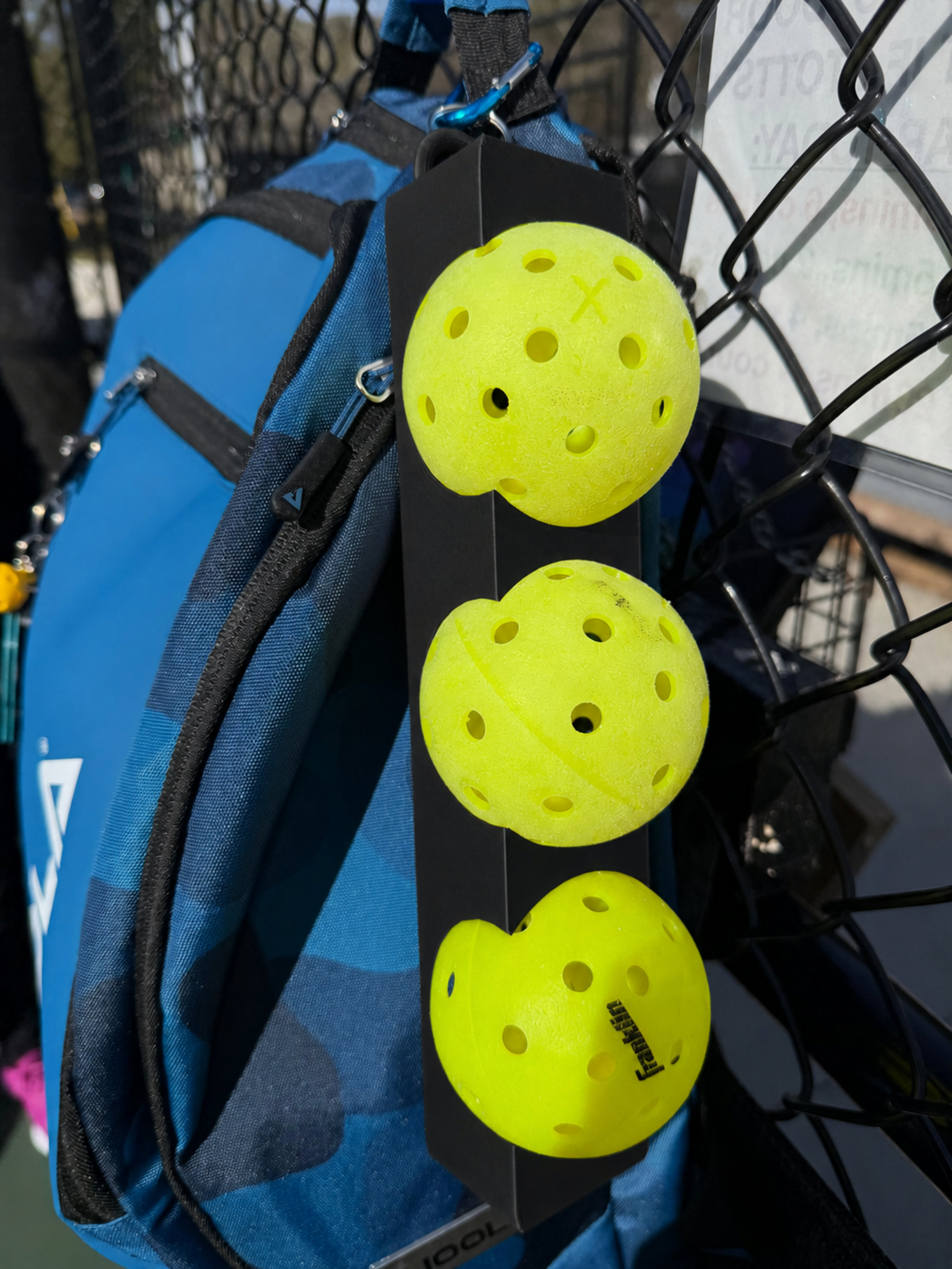 Pickleball 3 Ball Holder with Carabiner to attach to your backpack, fence, or hip - durable and secure