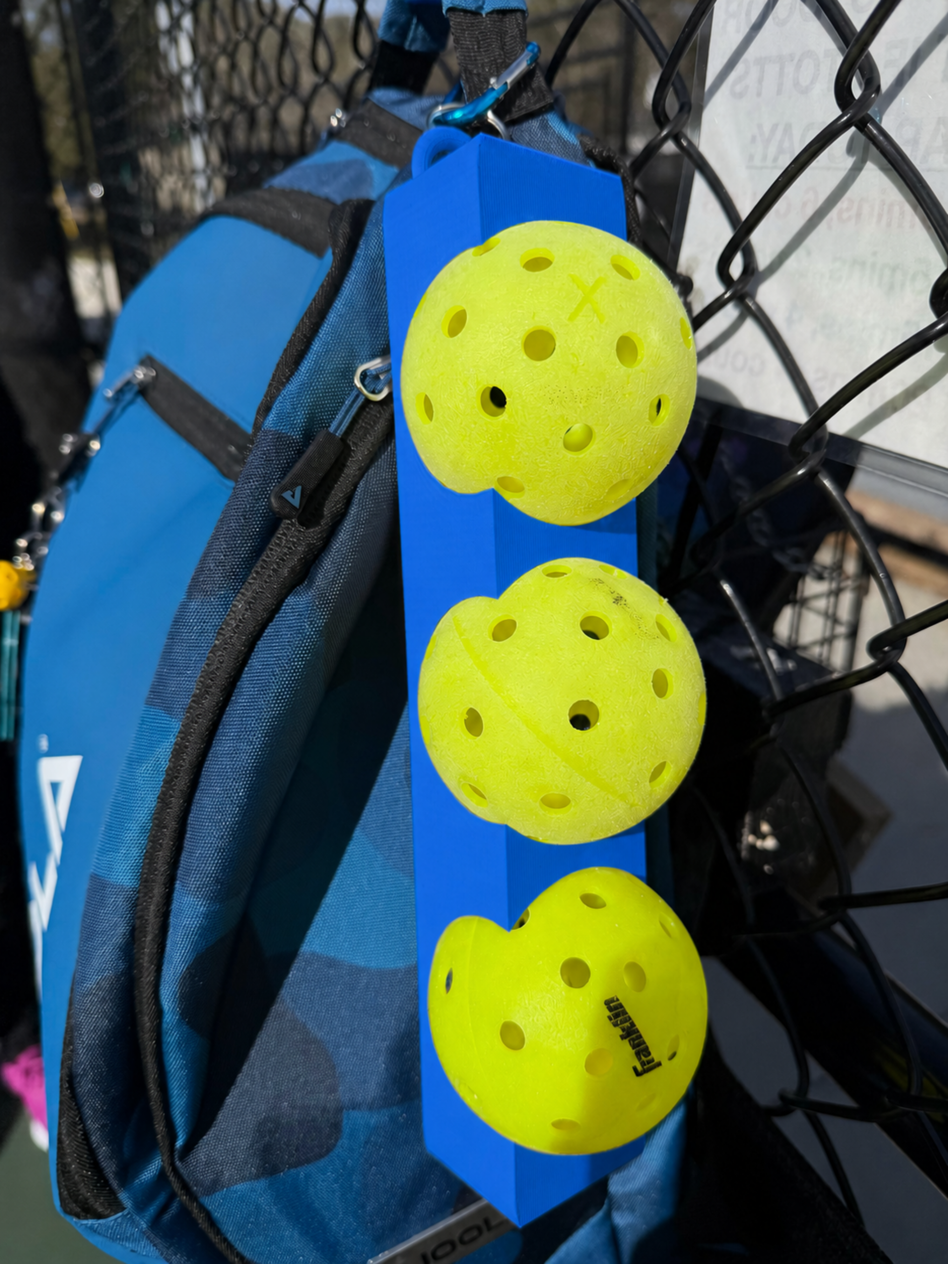 Pickleball 3 Ball Holder with Carabiner to attach to your backpack, fence, or hip - durable and secure
