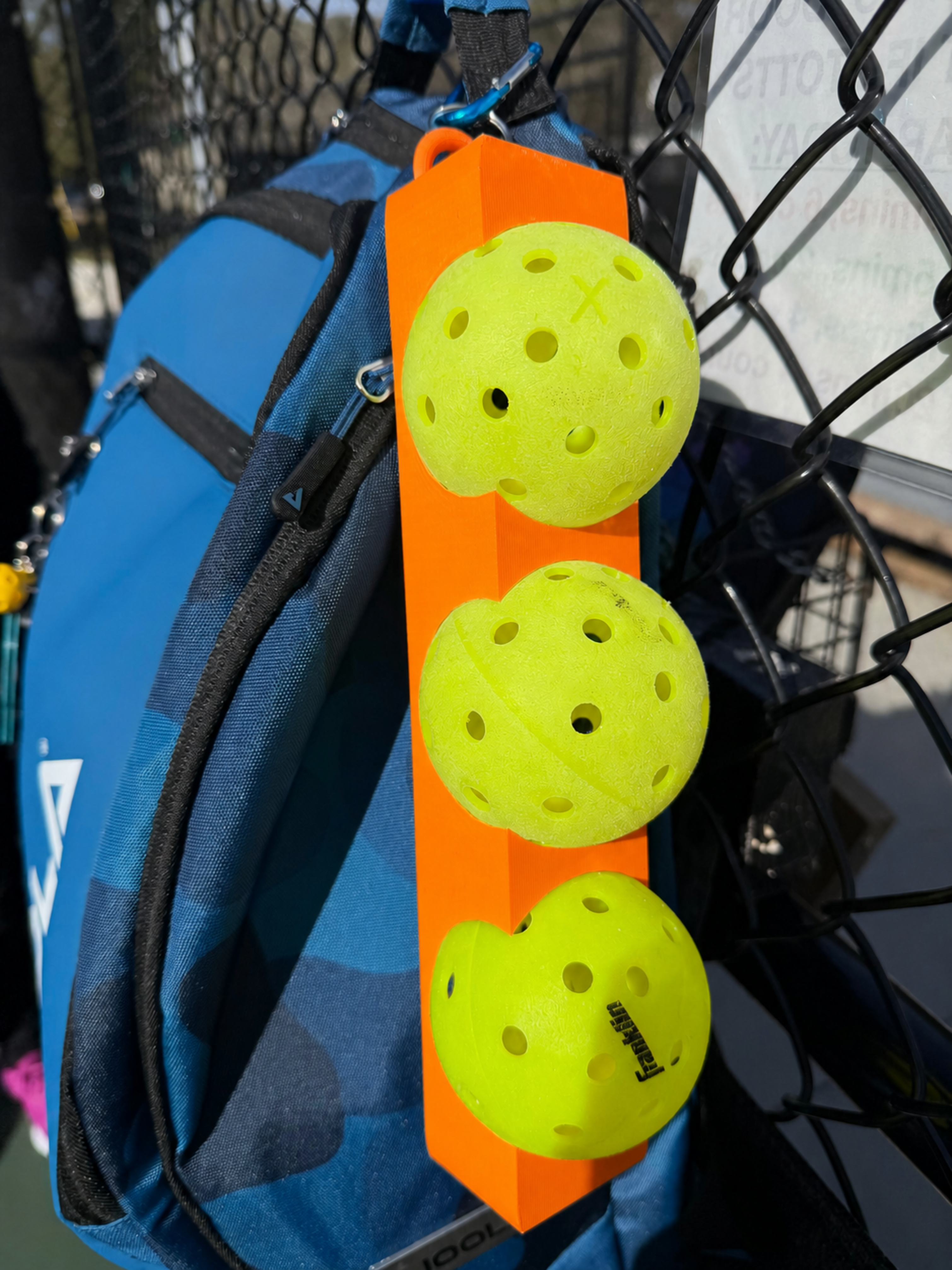 Pickleball 3 Ball Holder with Carabiner to attach to your backpack, fence, or hip - durable and secure
