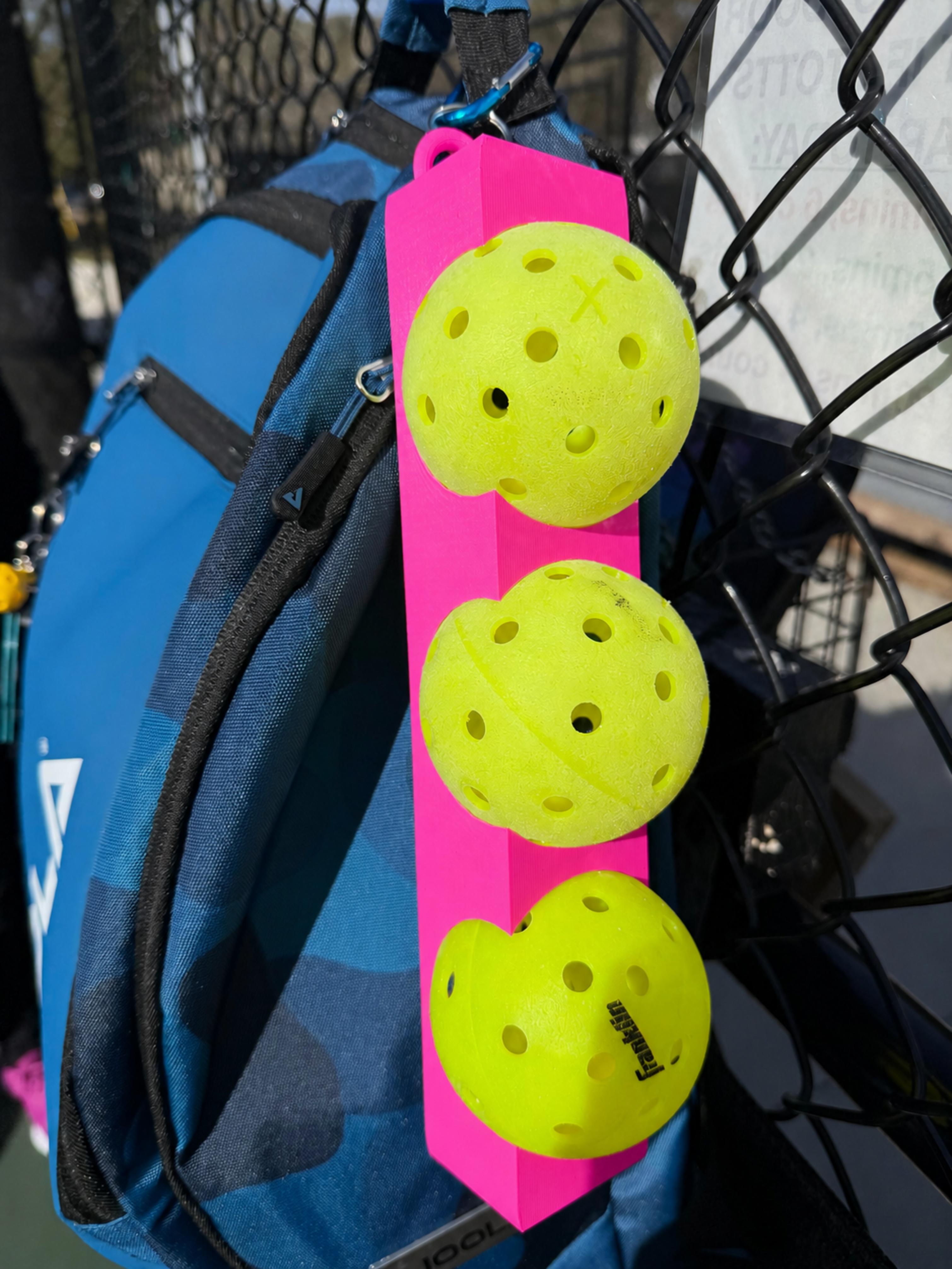 Pickleball 3 Ball Holder with Carabiner to attach to your backpack, fence, or hip - durable and secure