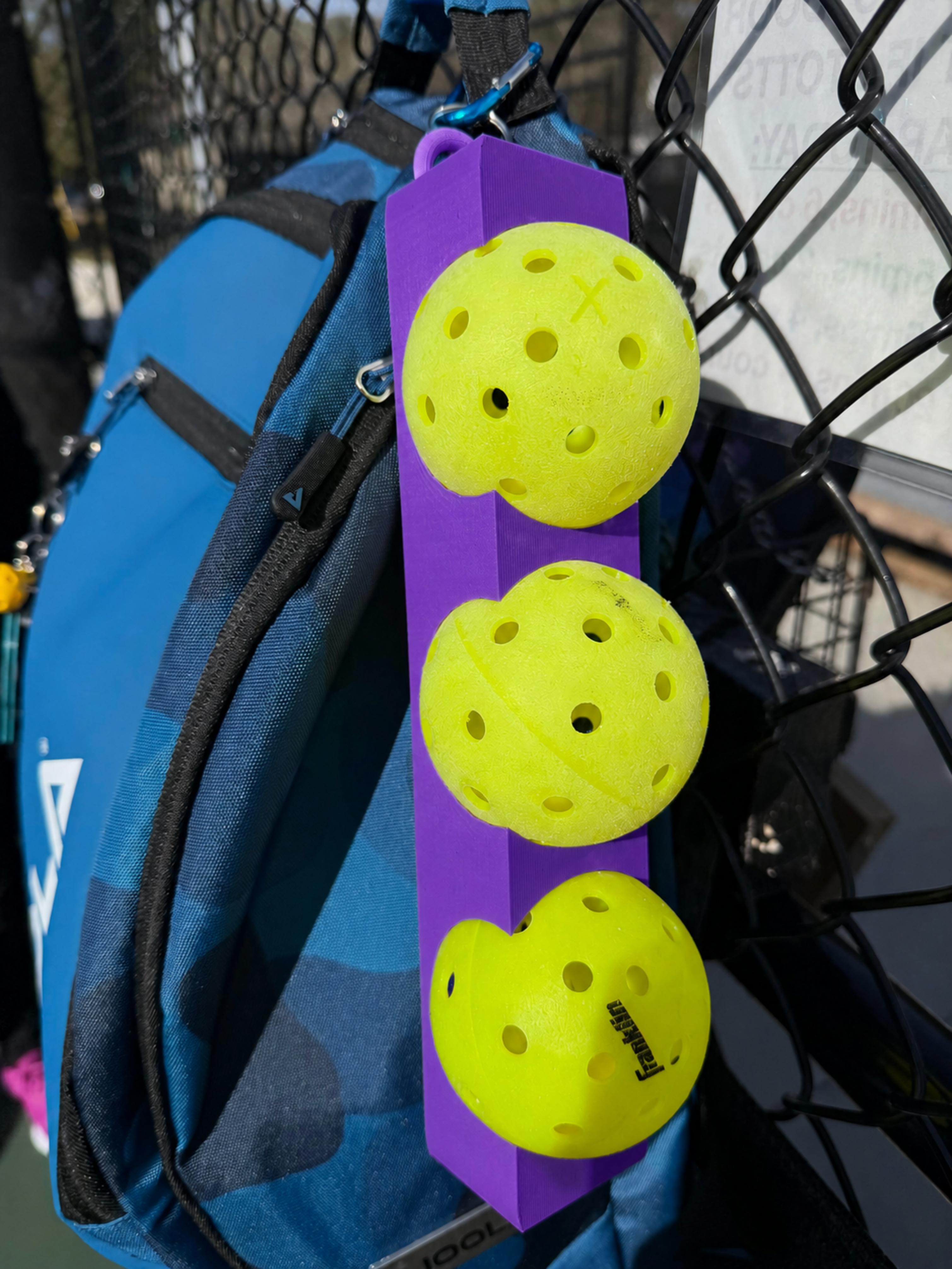 Pickleball 3 Ball Holder with Carabiner to attach to your backpack, fence, or hip - durable and secure