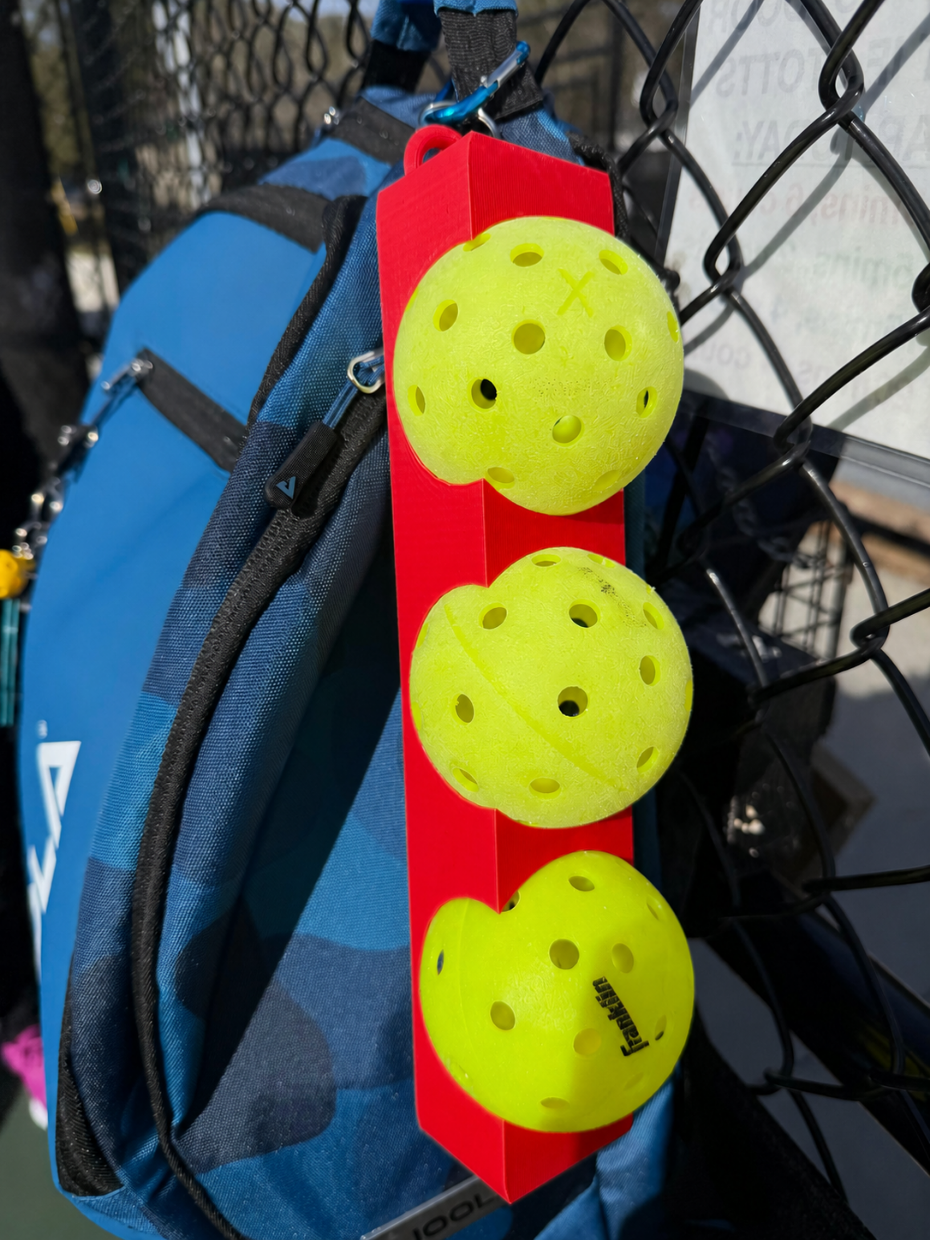 Pickleball 3 Ball Holder with Carabiner to attach to your backpack, fence, or hip - durable and secure