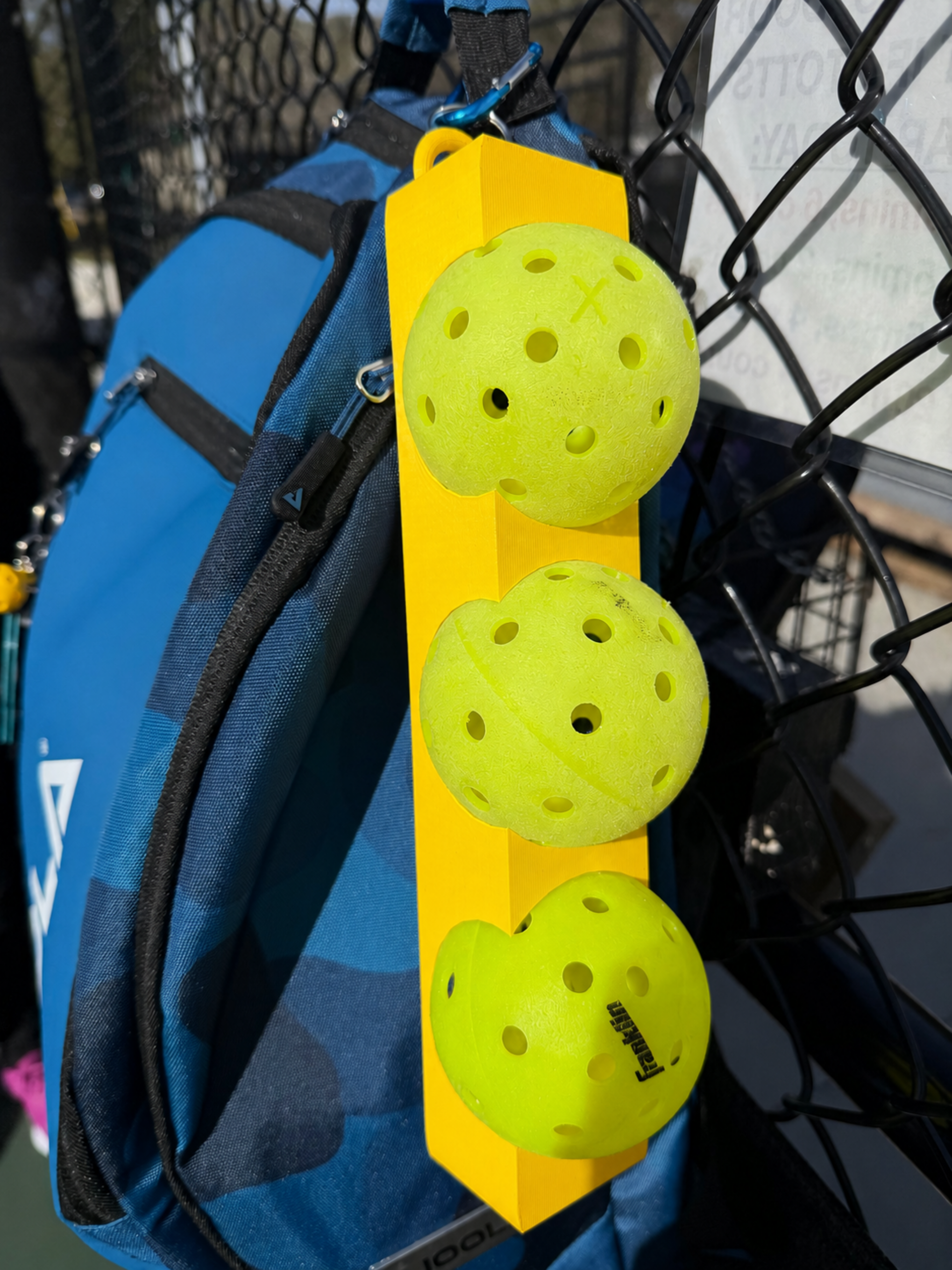 Pickleball 3 Ball Holder with Carabiner to attach to your backpack, fence, or hip - durable and secure